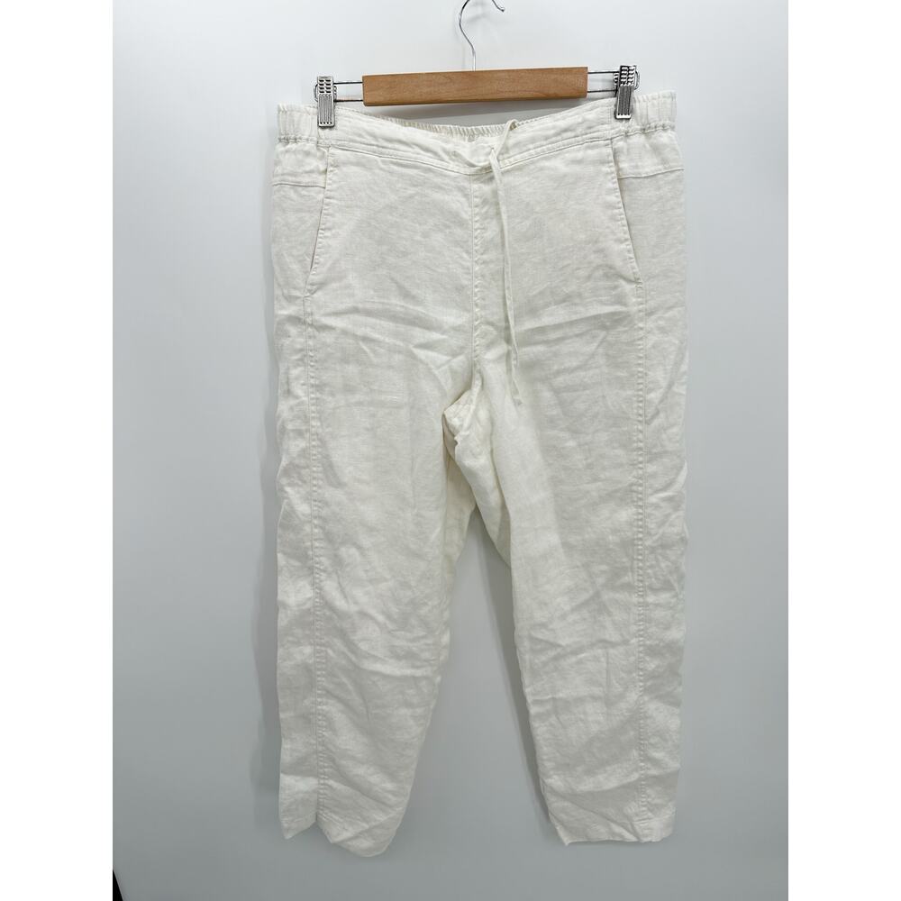 Orvis White Linen Pants Women Large Elastic Drawstring Waist Pocket Coastal Boho